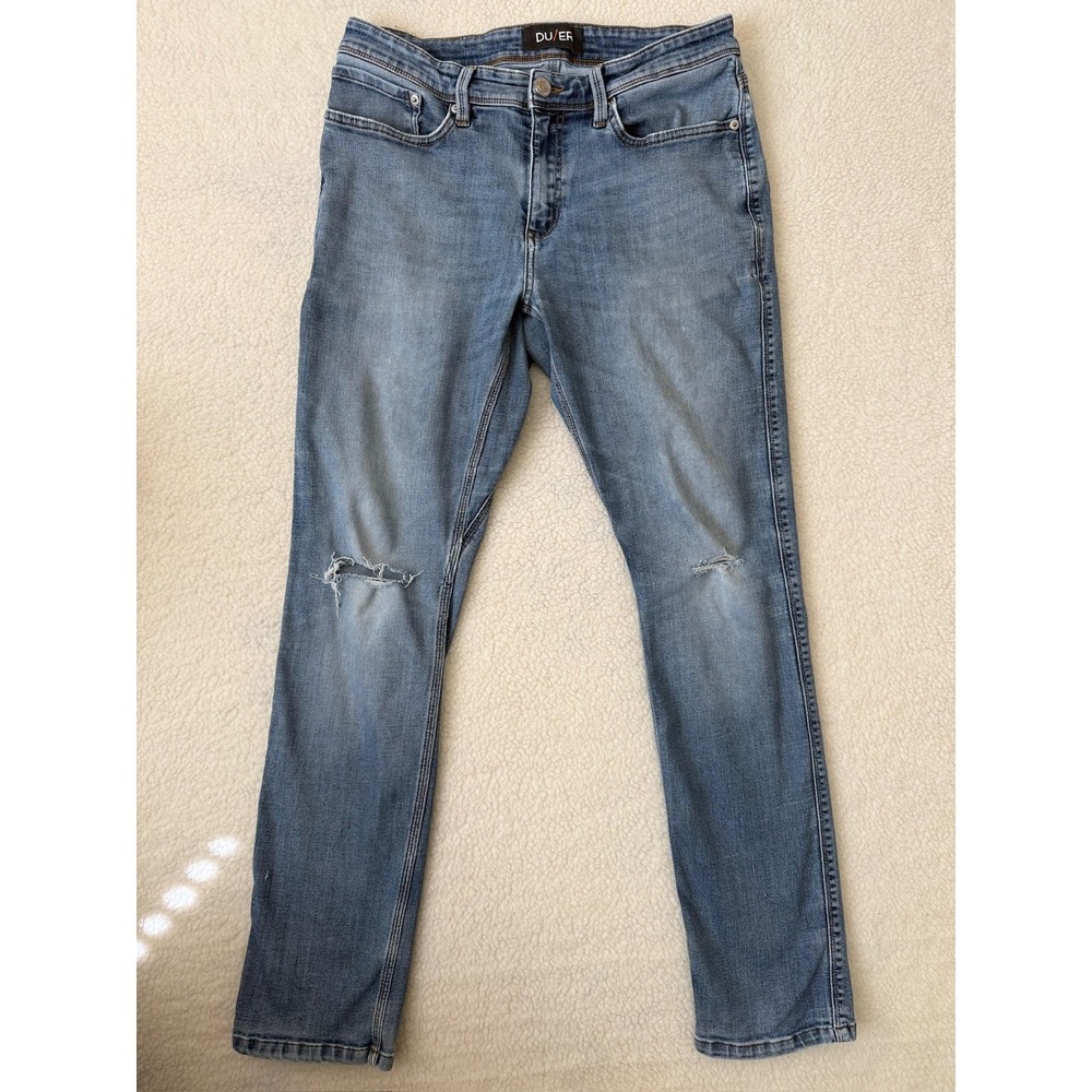 DU/ER L2X Slim Taper Jeans Mens 33x32 Blue Distressed Stretch Denim L2X146